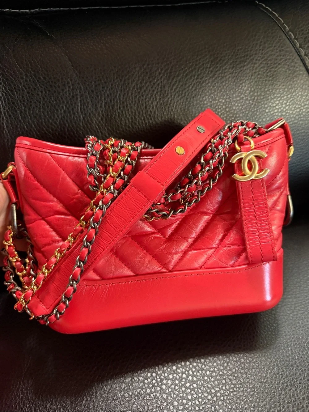 CHANEL Red Quilted Shoulder Bag with Gold CC Charm